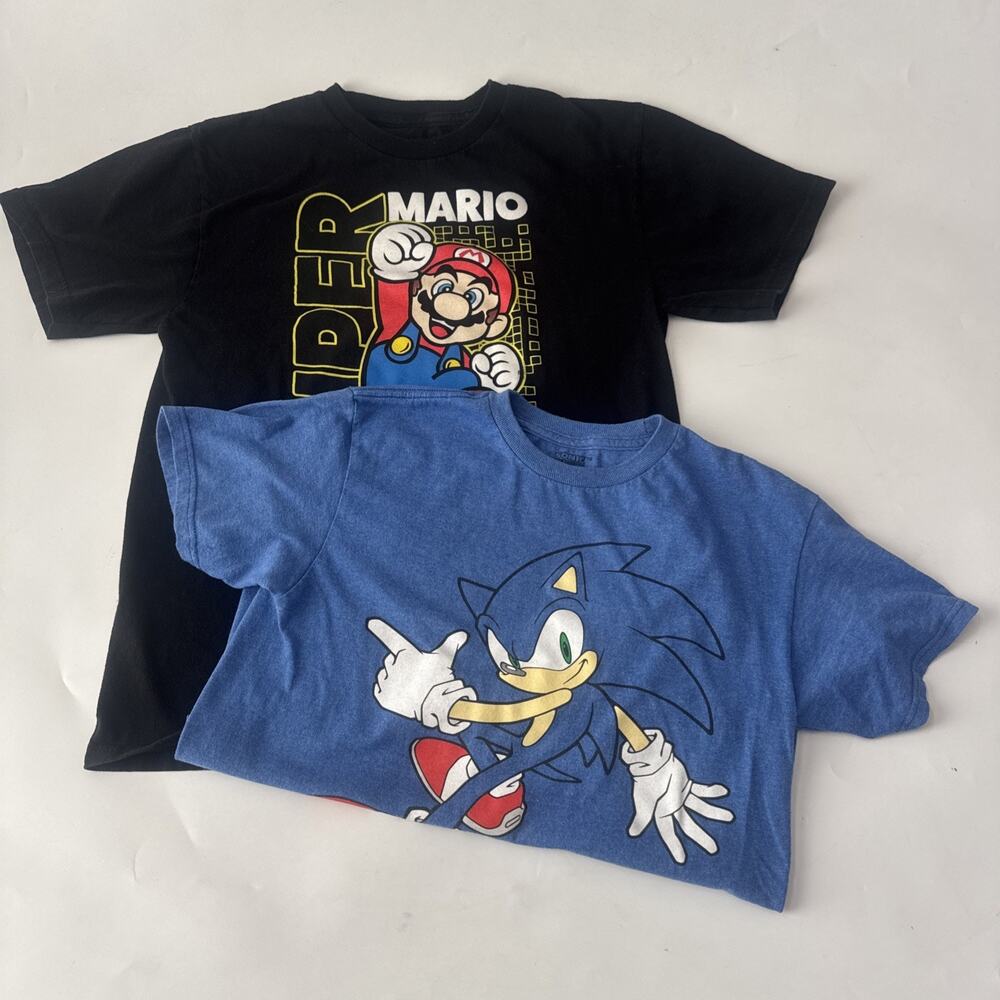 Lot of 2 Boys Mario and Sonic Short Sleeve Shirts Youth Size L/XL